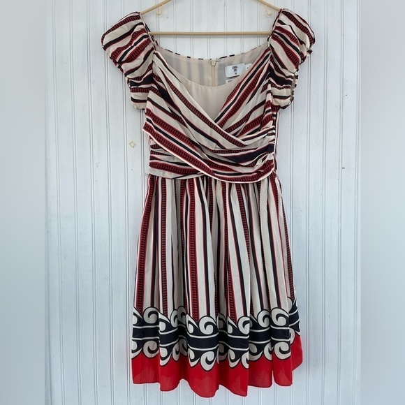 Anna Sui for Target 100% SILK Cream Brown Retro Ruched Pleated Dress Size Small - Picture 1 of 11